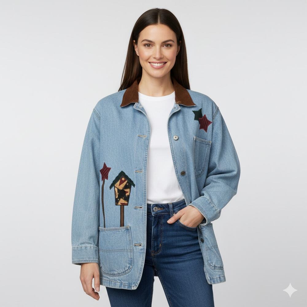 VTG Sunbelt Jacket Women's Blue Denim Birds House Embroidered Size Small Cotton